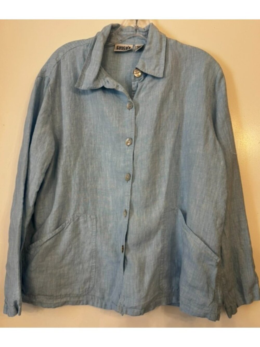 Chico's 100% Linen Button Down Patch Pockets long Sleeve Pale Blue Sz 12 Coastal